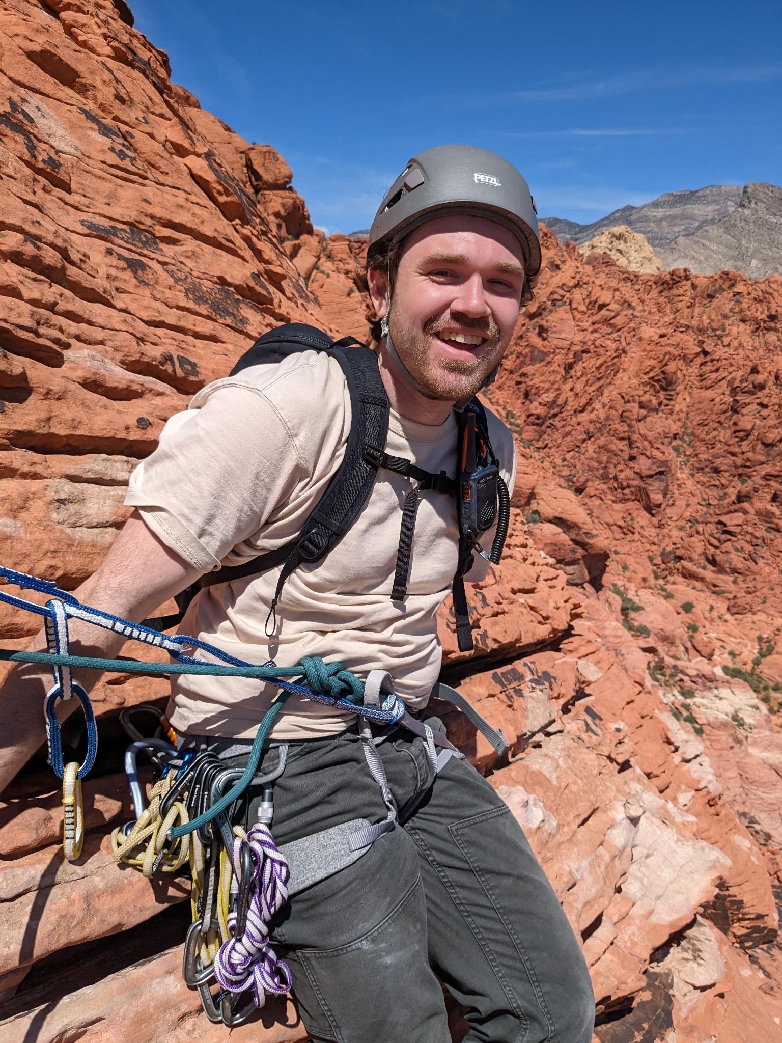 Picture of Preston climbing multipitch in Red Rocks.